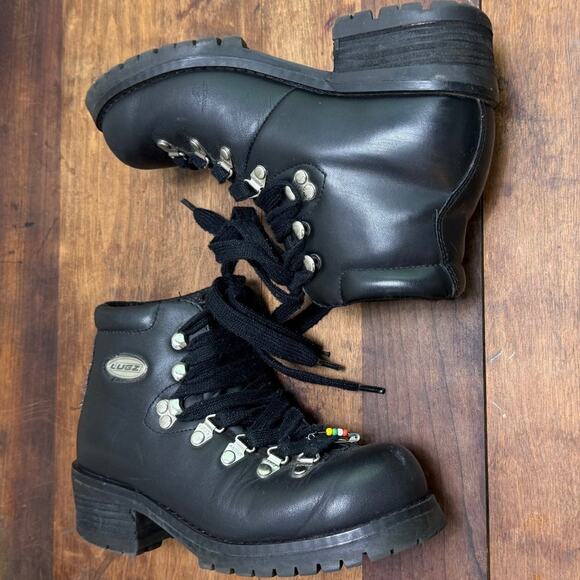 Vintage 90's Women's Black Lugz Size 6.5 Leather Workwear Grunge Chunky Heel - Picture 2 of 16